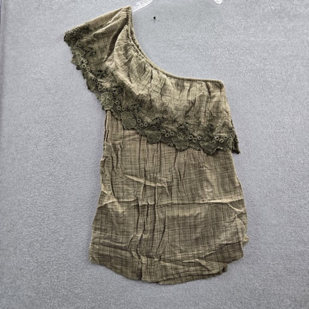 O'Neill Women Dress XL Olive Plaid Lace Asymmetric One Shoulder